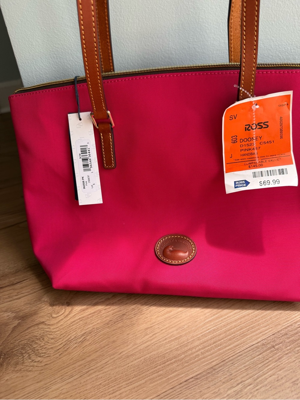 Dooney & Bourke Hot Pink Canvas Tote with Brown Leather Trim